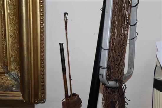 Three fishing rods and a box of flies etc
